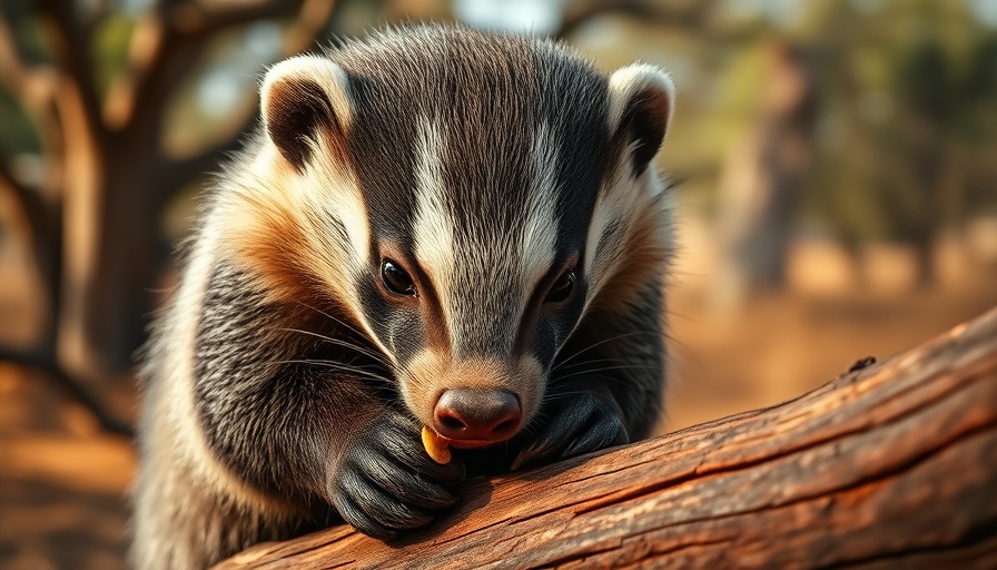 Honey badger gnawing on log in nature setting for Underdogs nature docuseries.