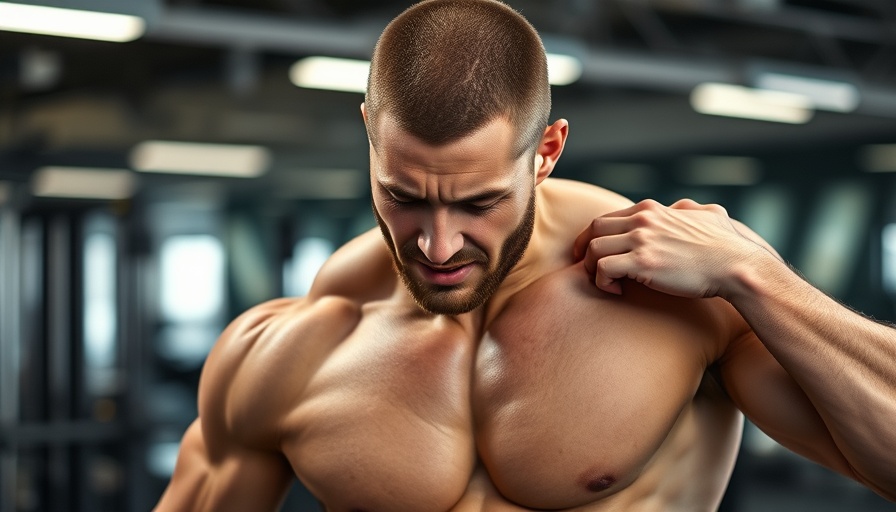 Muscular man in gym experiencing delayed onset muscle soreness.