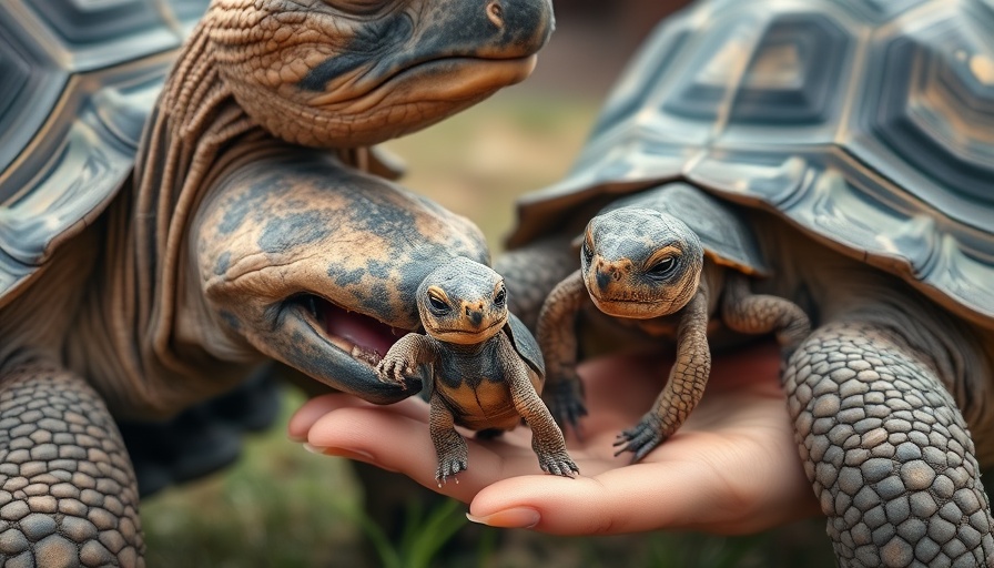 Galápagos tortoise Goliath meets baby tortoise in a hand.