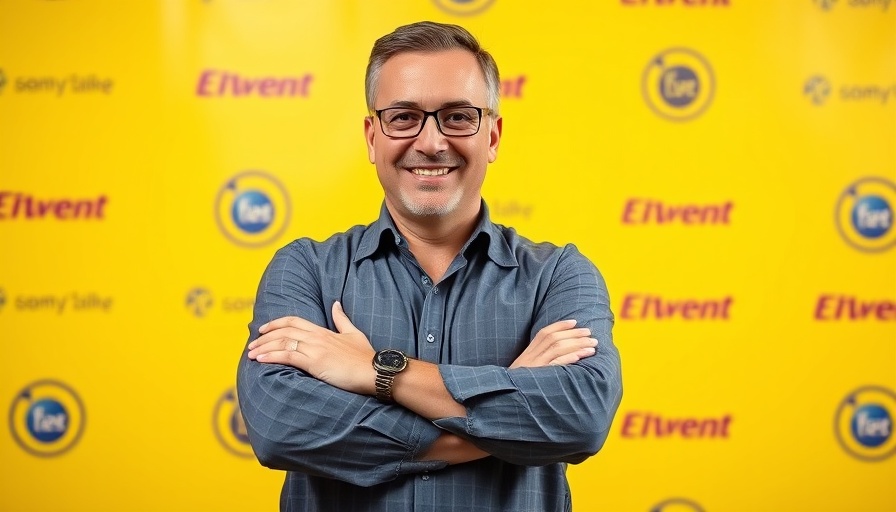 Confident man at SXSW event with a yellow branded background.