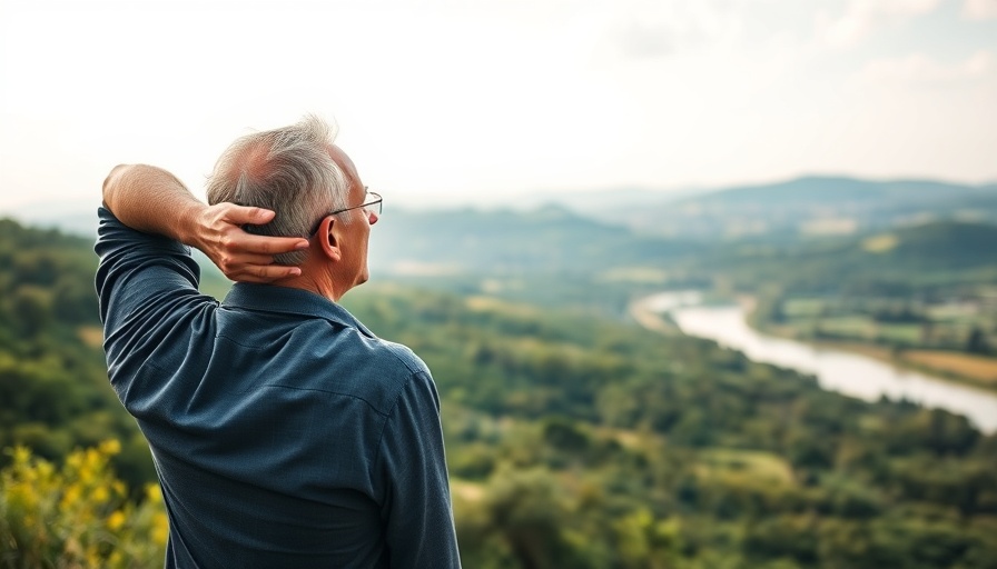 Man embracing personal growth in peaceful countryside at sunset.