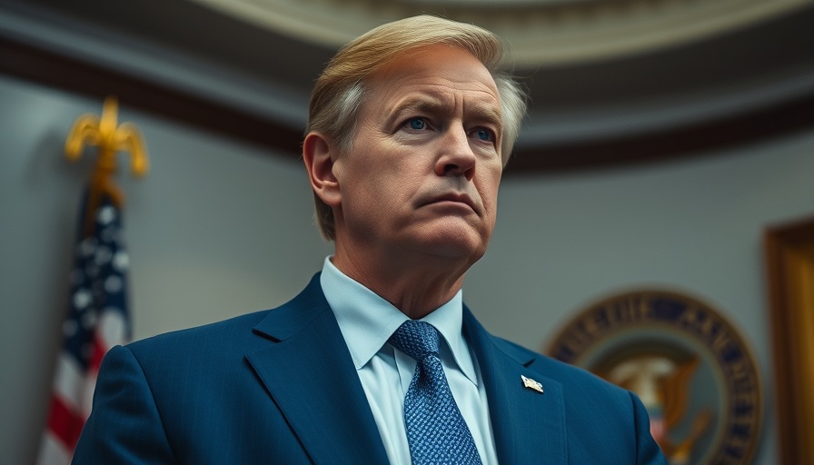 A man in a blue suit contemplating indoors with an American insignia.