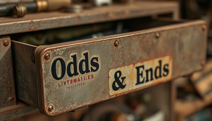 Close-up of vintage 'Odds & Ends' drawer in workshop.