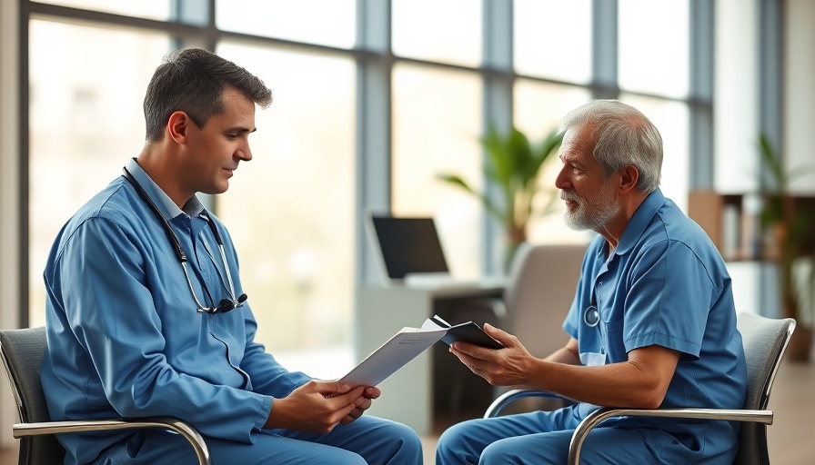 Doctor discussing health rules for men over 40 with patient in medical office.