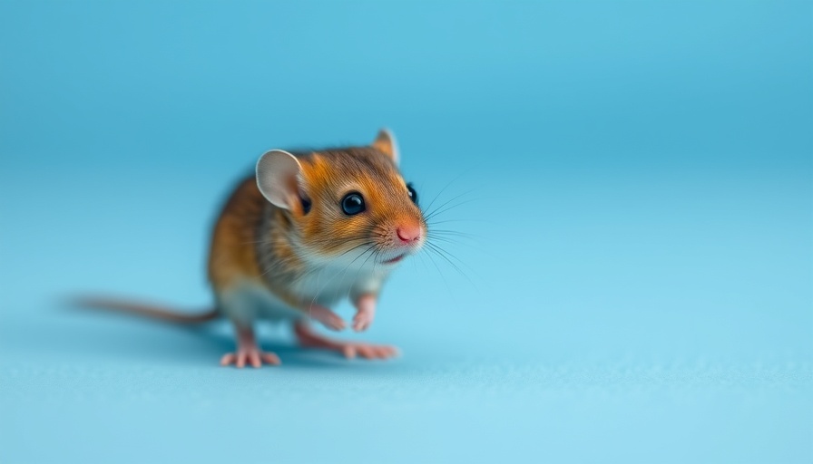 Small brown mouse standing on a blue surface, close-up view.