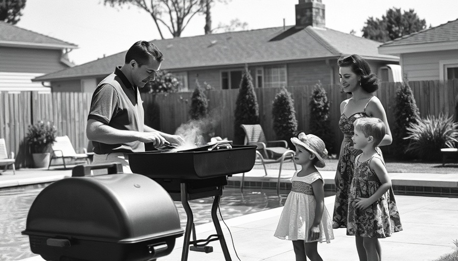 Suburban manhood: 1950s family barbecue by the poolside.
