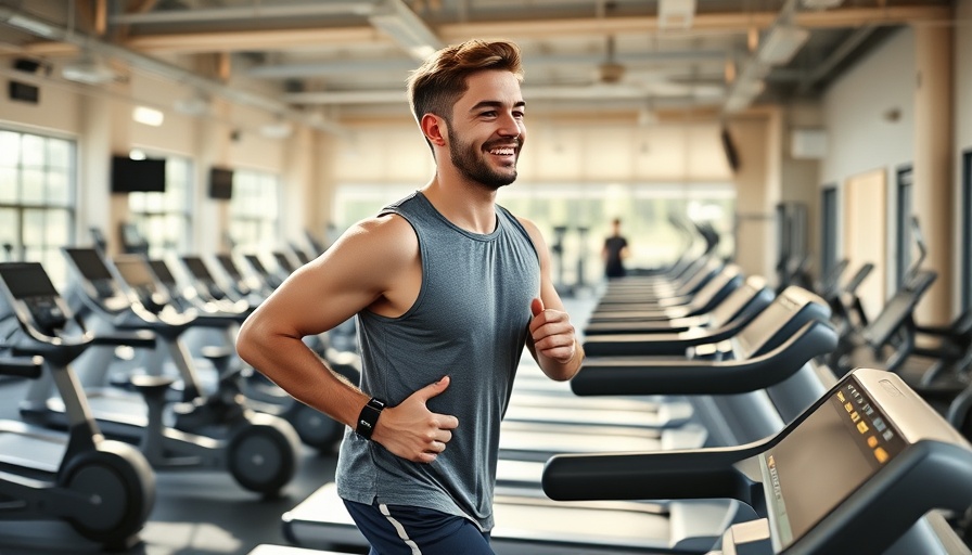 Man jogging with wearable technology for diabetes in gym.