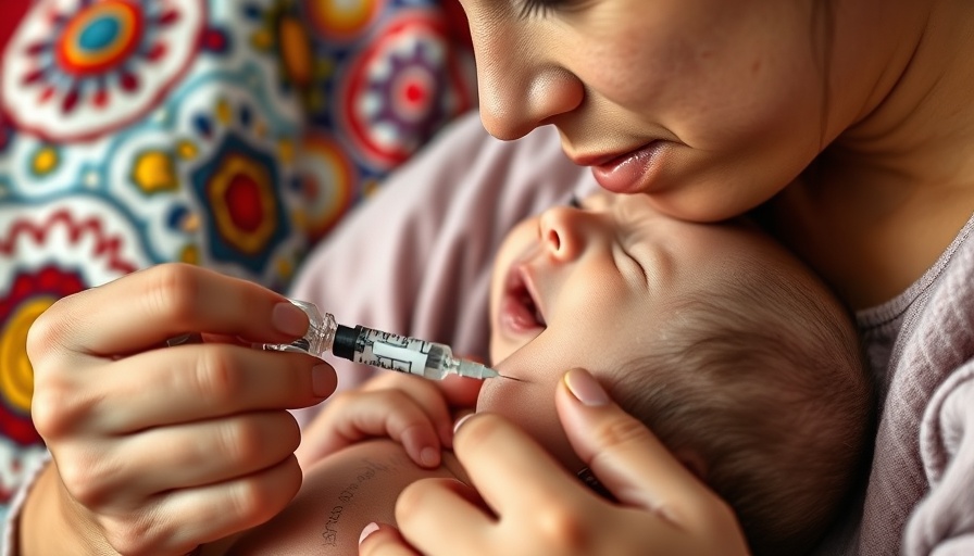 Infant receiving vaccination from concerned caregiver.
