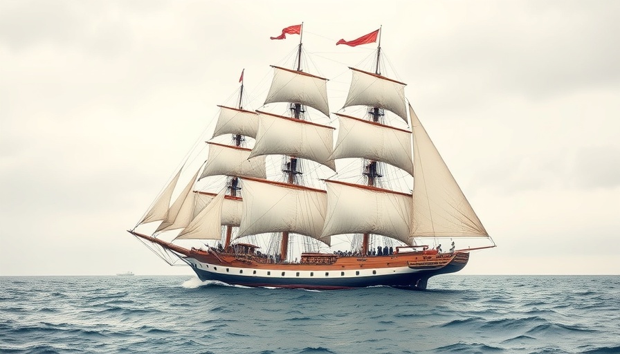 Watercolor of HMS Endeavour sailing with crew onboard.