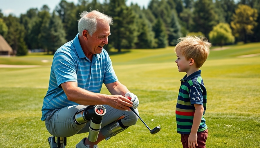 Inspirational double-amputee golfer engaging with young boy on golf course.