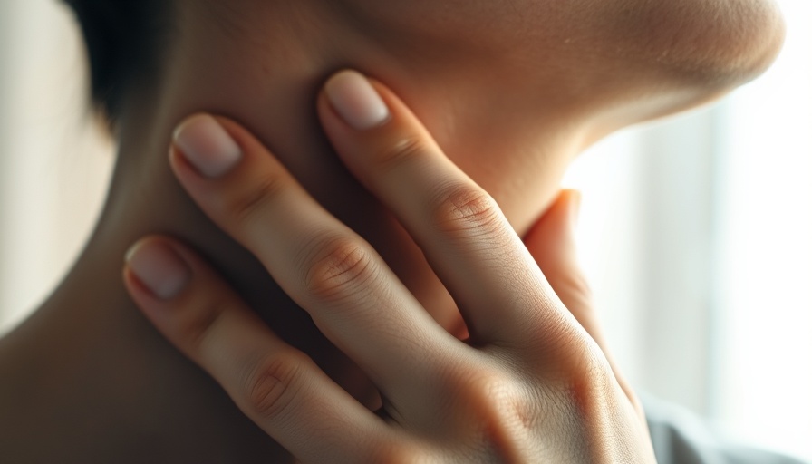 Person touching neck related to thyroid health illustration.