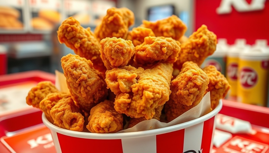 KFC bucket with crispy fried chicken in a bright restaurant setting.