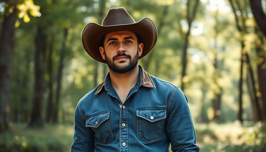Western-themed outdoor portrait of man in nature, men's fitness.