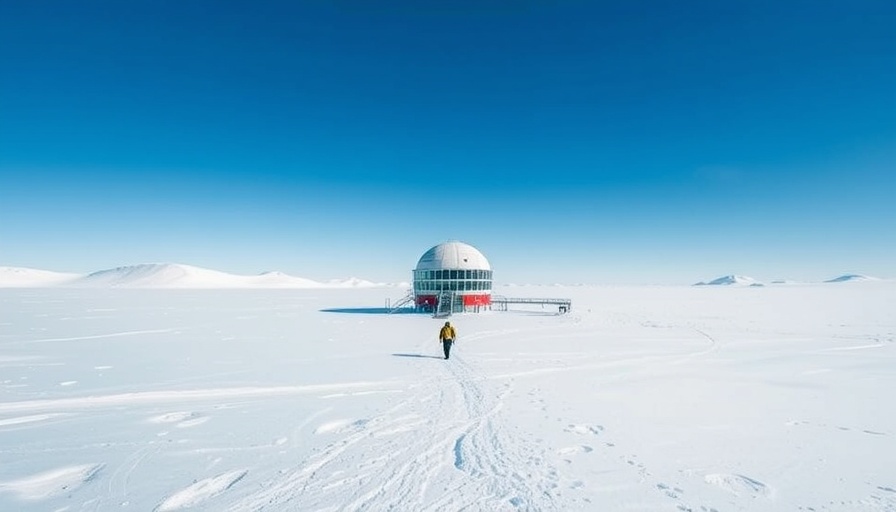 Remote polar research station in snowy landscape with clear sky.