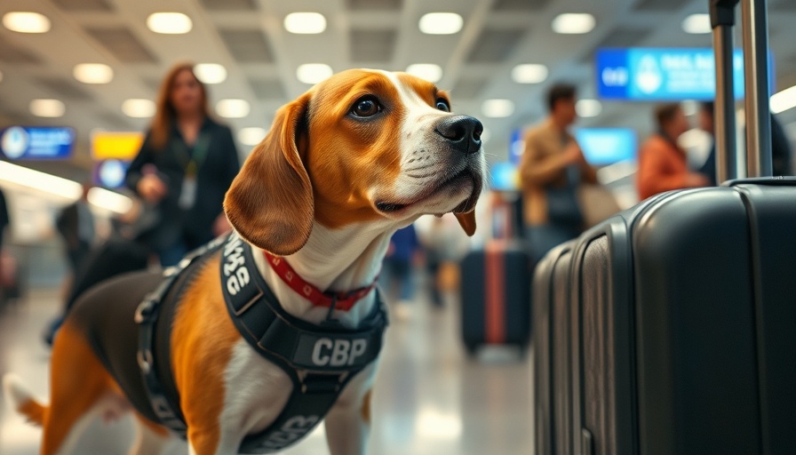 CBP beagle inspecting luggage in busy airport scene.