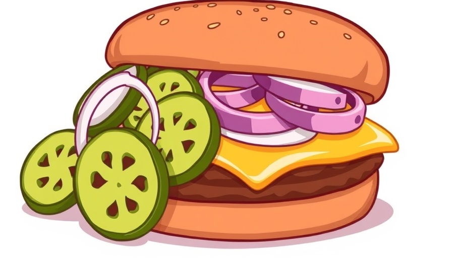 Illustration of the best way to stack burger toppings: pickles, onions, cheese and patty.