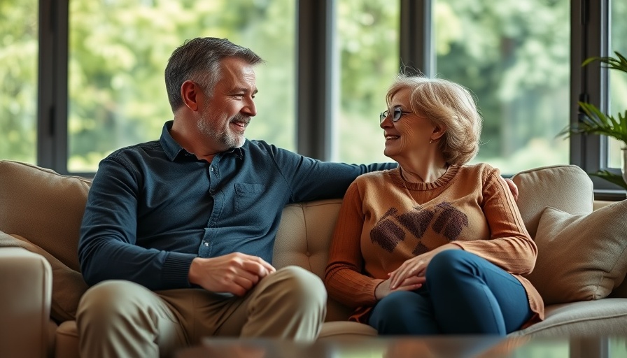 Middle-aged couple discussing yearly marriage checkup on a sofa, cozy setting.