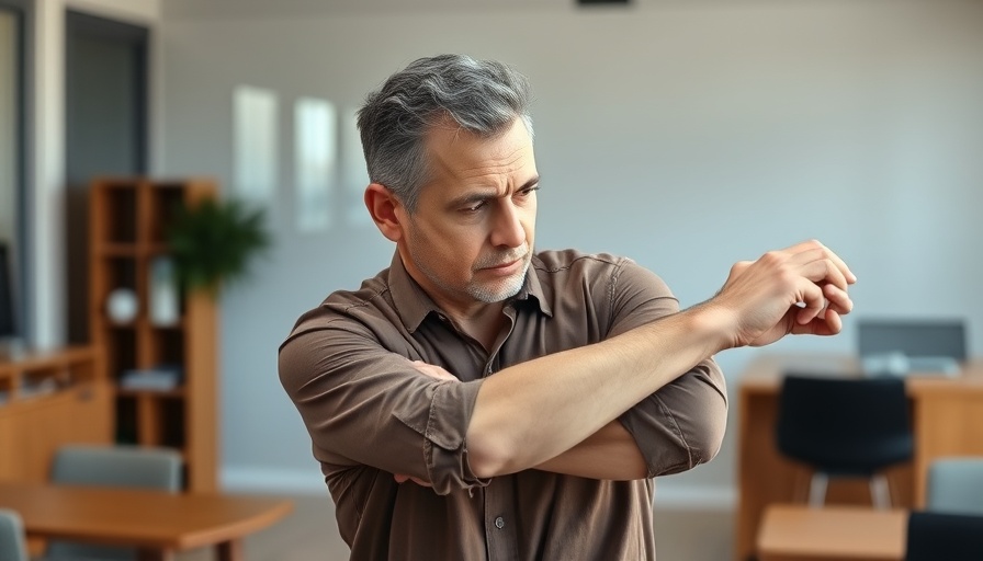 Man doing stretches to combat desk induced stiffness at workspace.