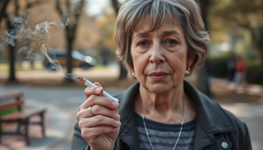 Middle-aged woman holding a cigarette outdoors in a park, emphasizing staying active reduces waist gain after quitting smoking.