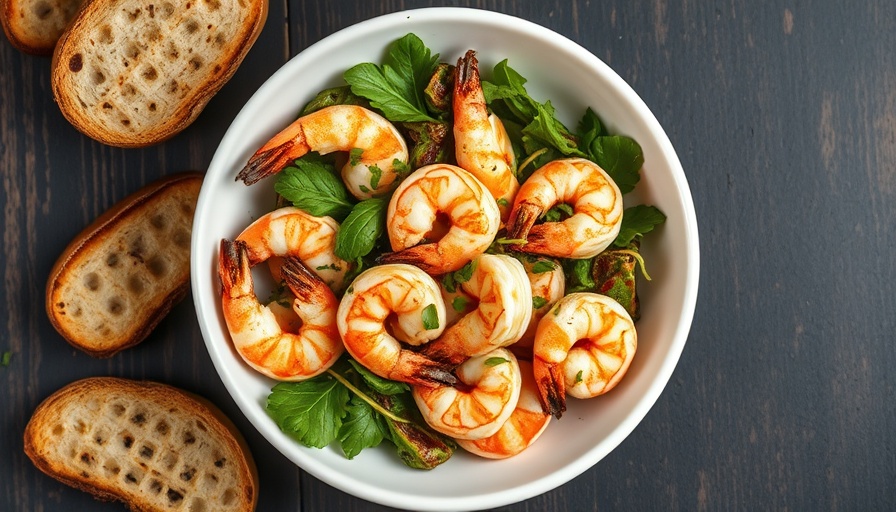 Gourmet shrimp dish with grilled bread for Athens Restaurant Week.