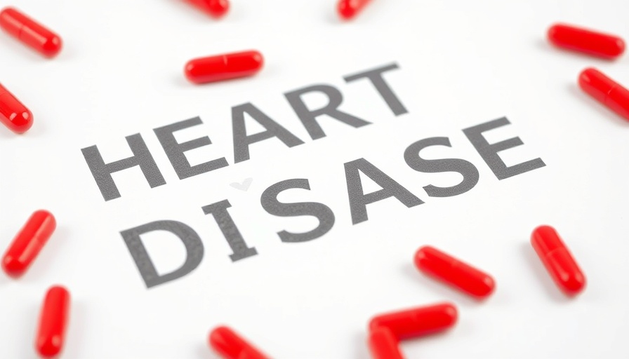 Red capsules on heart disease document, highlighting health risks.