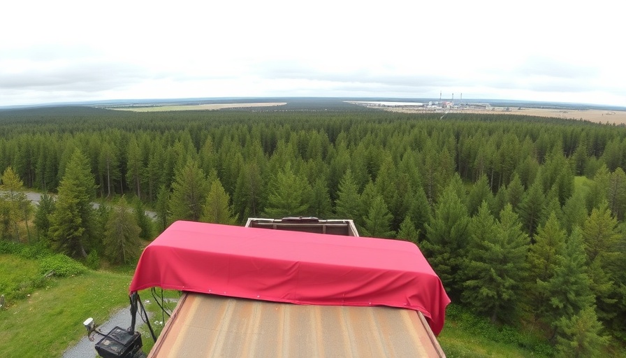 Expansive landscape view with transport truck in forested area.