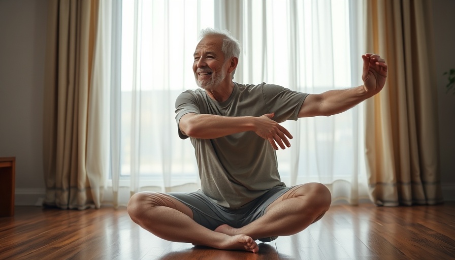 Man over 60 practicing hip stretches in natural light.