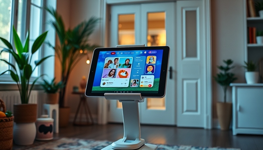 Futuristic giant tablet on wheels in a home setting.