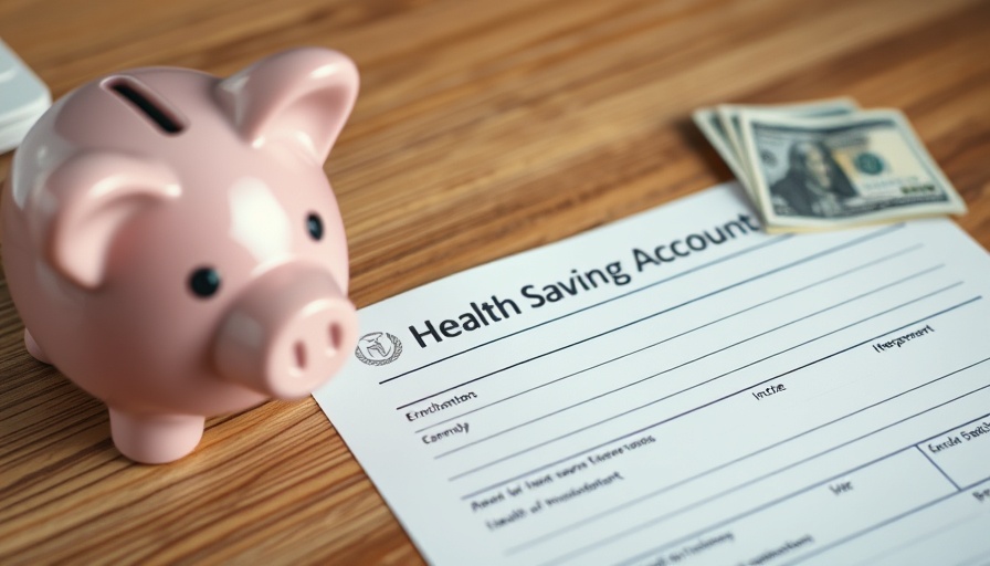 Health Savings Account form with piggy bank and cash on a desk.