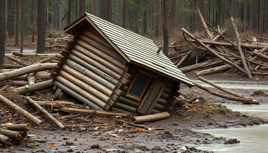 Flood damage in Texas with a wrecked house in debris.