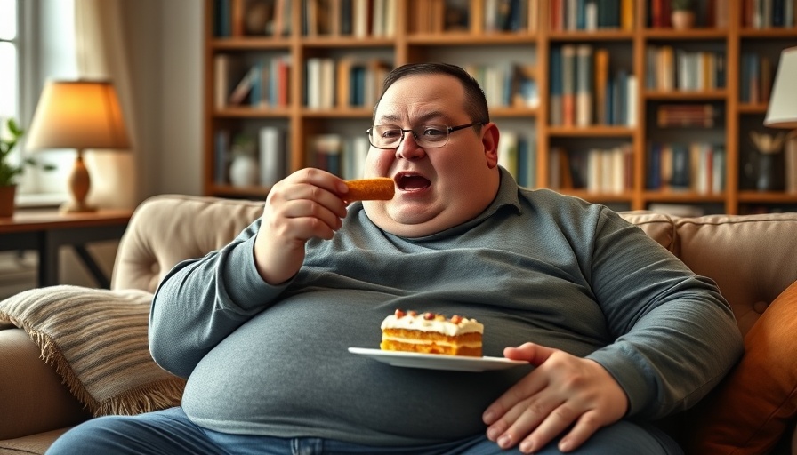 Overweight man on sofa eating cake; overeating causes concern.