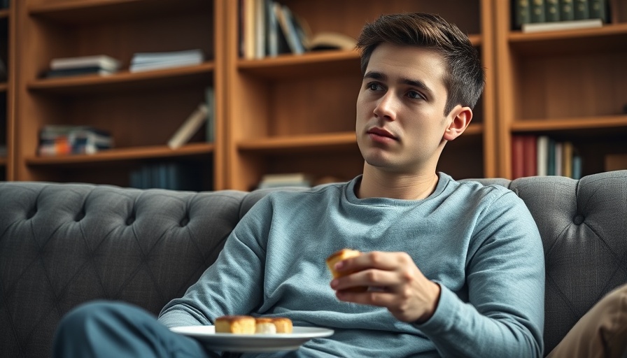 Understanding Overeating Myths: Man contemplating while eating sweets on a couch.