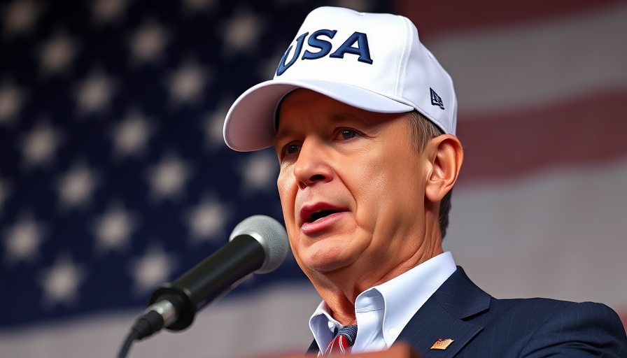 Political figure discussing Trump tariffs on EU and Mexico, speaking at podium, USA cap.