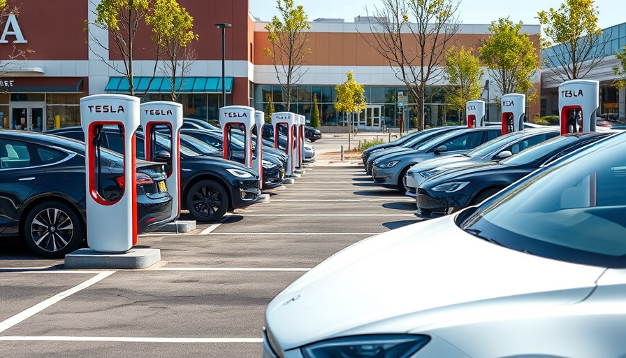 Tesla EVs charging at stations in shopping center parking; Trump's EV Vision.