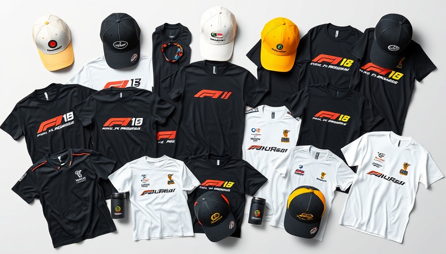 Collection of Formula 1 merchandise shirts and caps.