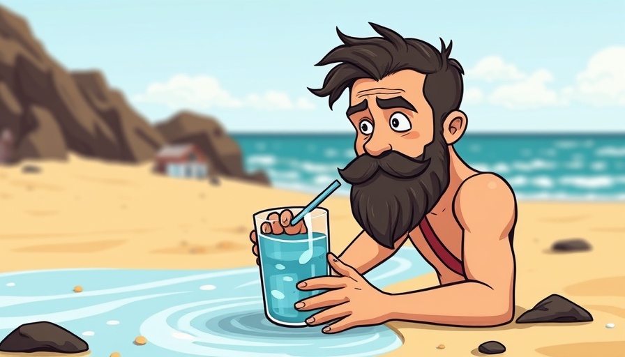 Cartoon of a man making seawater drinkable on a beach.