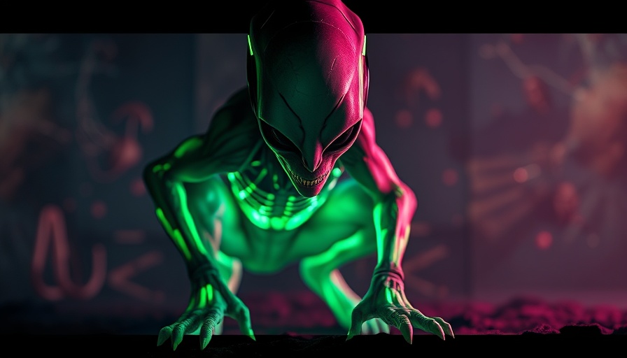 Futuristic alien humanoid crouching with bioluminescent skin
