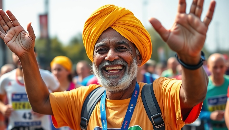 Centenarian marathon runner smiling with companions at a race event.