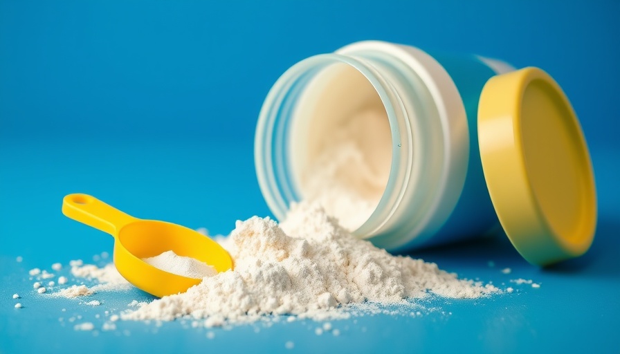 Creatine powder with yellow scoop on a blue background.