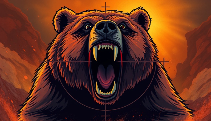 Dynamic illustrated bear with target, demonstrating bear spray usage.