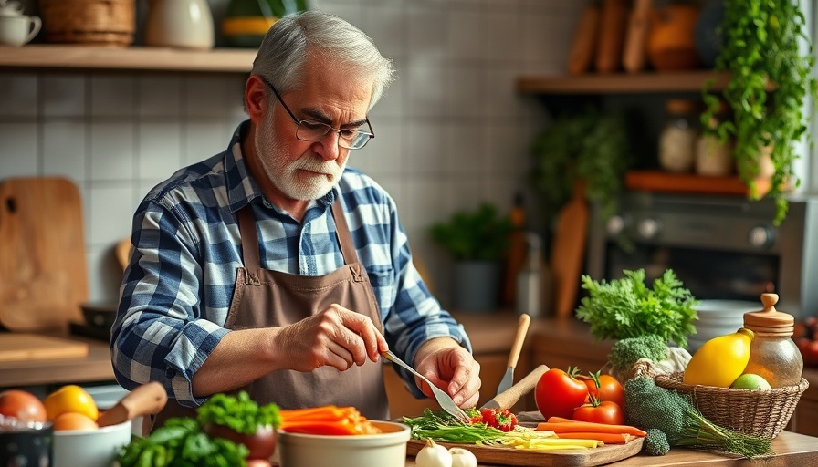 Man in kitchen focused on improving weight management with healthy meal.