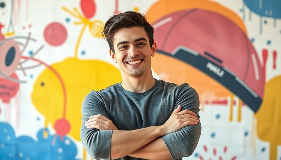 Casual young man smiling with arms crossed against a colorful backdrop.