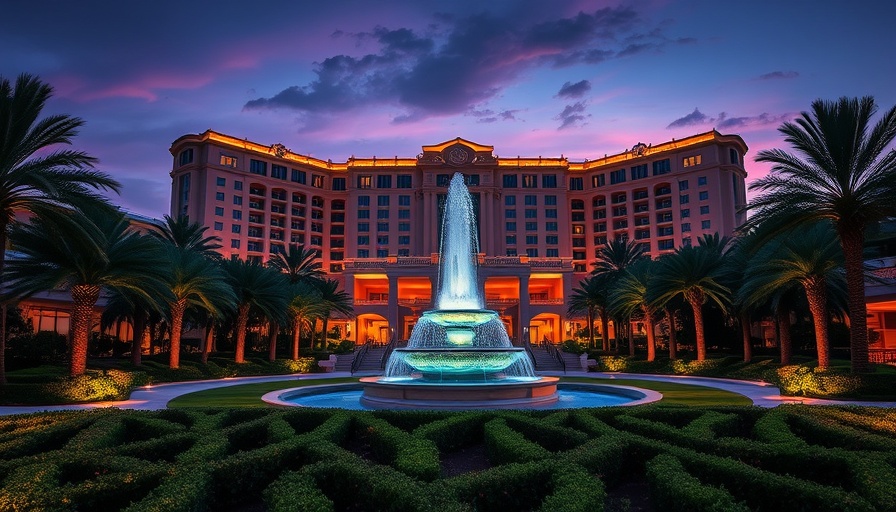 Grove Resort & Water Park Orlando at twilight with fountain and gardens.