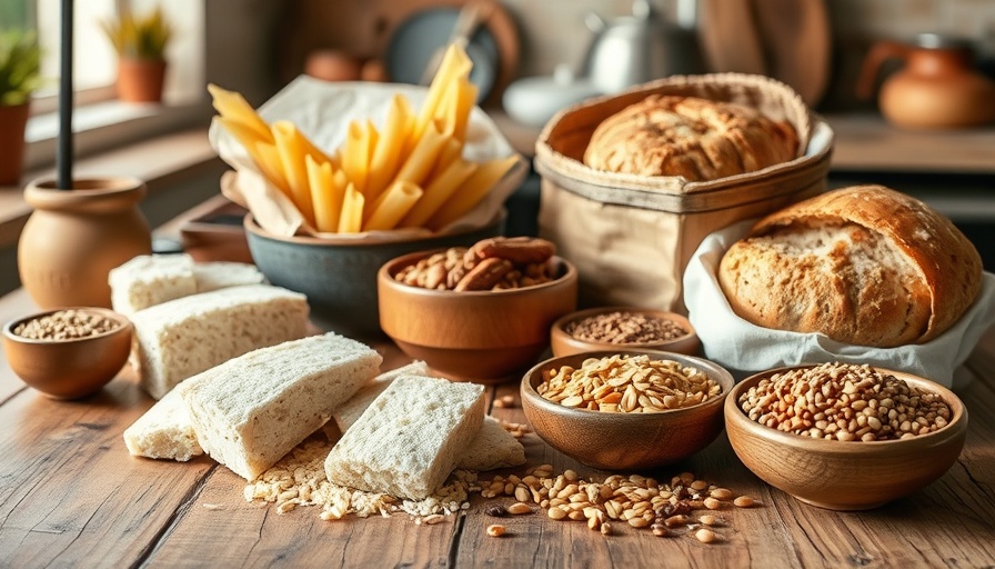Assorted gluten-free foods on rustic table representing low-gluten diets.