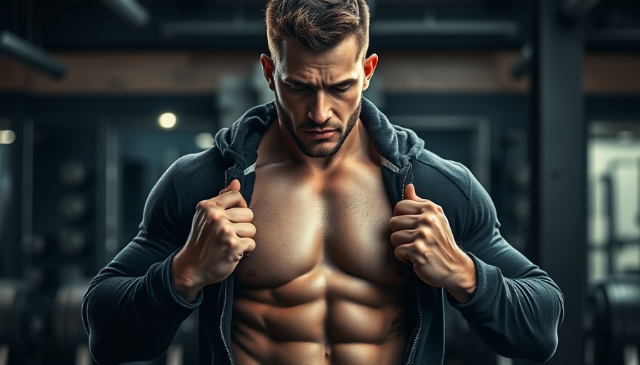 Muscular man unzipping hoodie showing abs in gym.