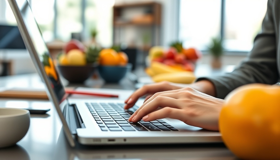 Professional workspace with laptop and fruits for men's nutrition.