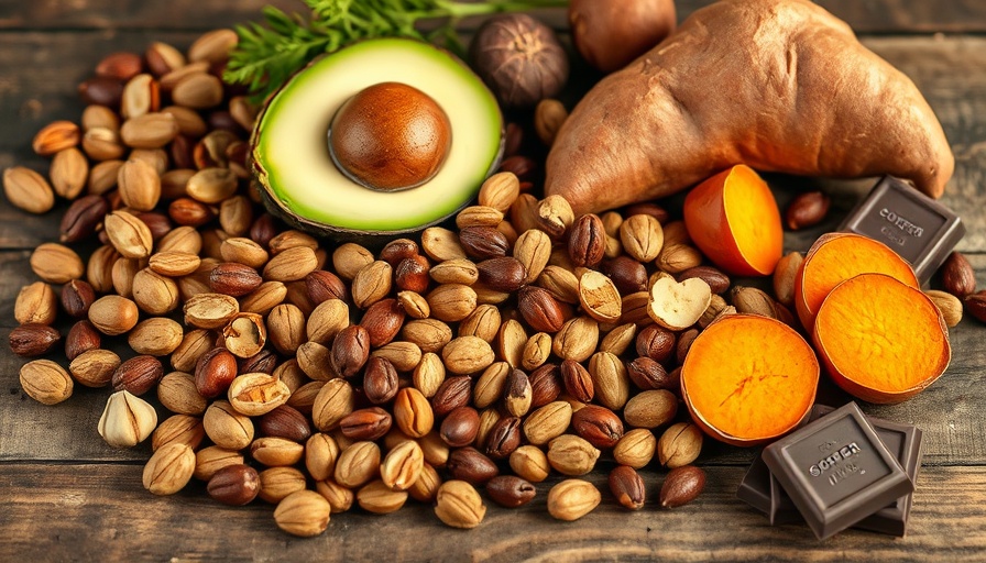 Copper-rich foods like nuts, avocado, and sweet potato on wood surface.