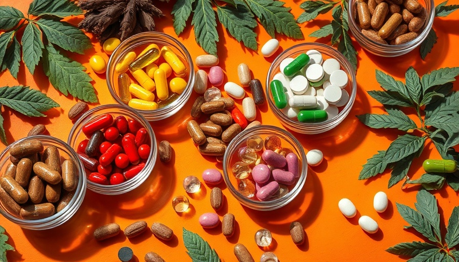 Colorful herbal supplements on orange background for depression treatment.