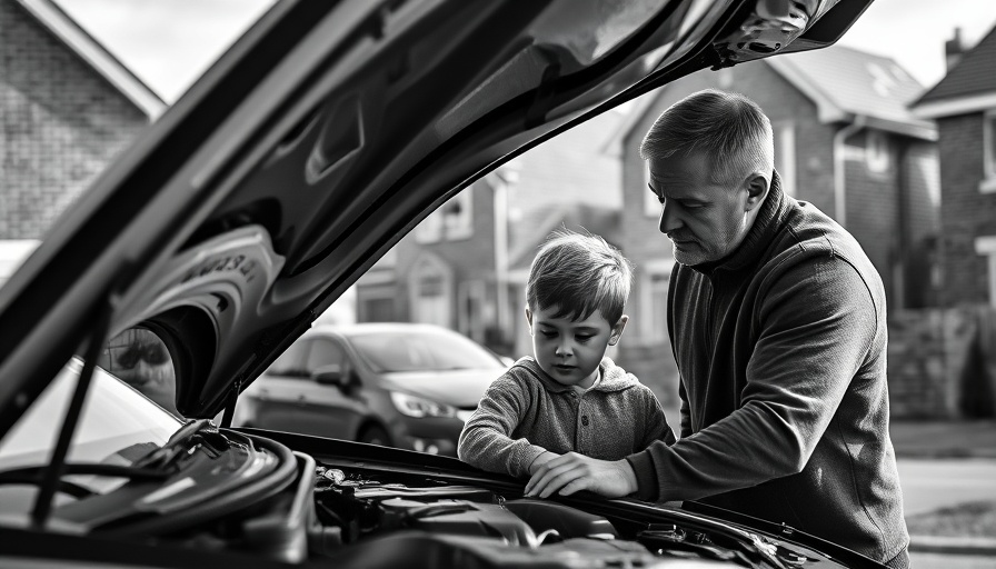 Father teaching son under car hood, representing men's personal growth.