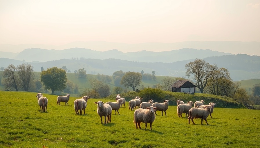 Tranquil meadow with grazing sheep and mountains in the background.